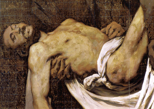 12.
Part of polyptych,
Study for the Story about the Return of the Prodigal Son.
1995/96
Oil and paper on wood panel. 150x115 cm
[Detail]