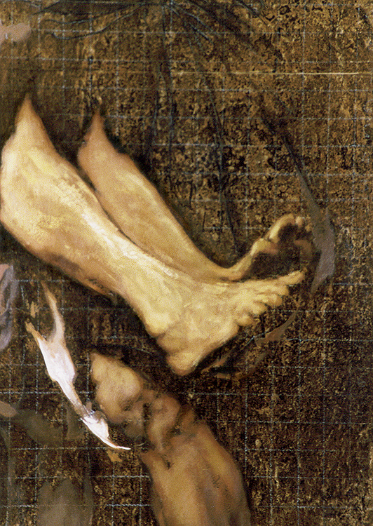 12.
Part of polyptych,
Study for the Story about the Return of the Prodigal Son.
1995/96
Oil and paper on wood panel. 150x115 cm
[Detail]