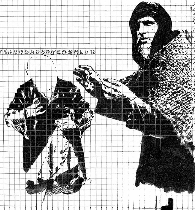 13.1.
Drawing (based on photography). 1993
Pen-and-ink and brush on transparency film. 120x104 mm